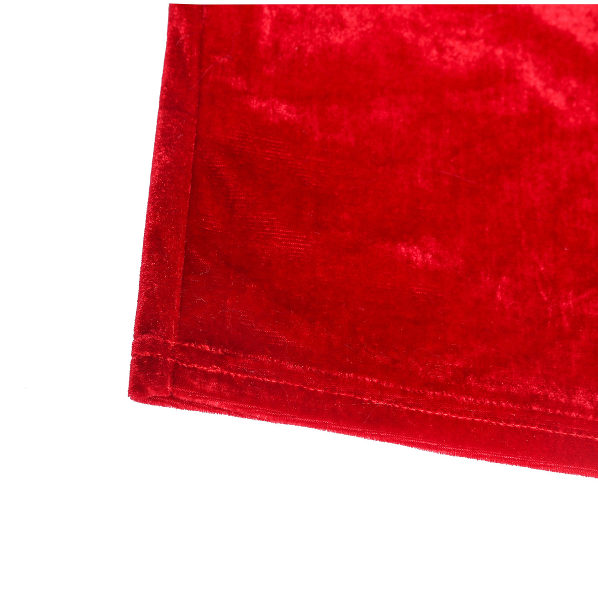 Red crushed velvet fabric hem detail for Christmas long sleeve stage costume, 100% polyester fiber.