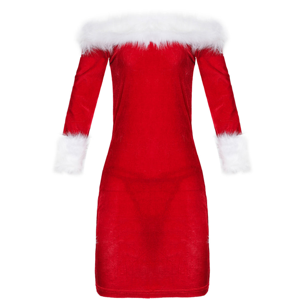 Red off-shoulder Christmas dress with white fur trim, long sleeves, and polyester fabric for stage costumes.