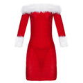 Red off-shoulder Christmas dress with white fur trim, long sleeves, and polyester fabric for stage costumes.