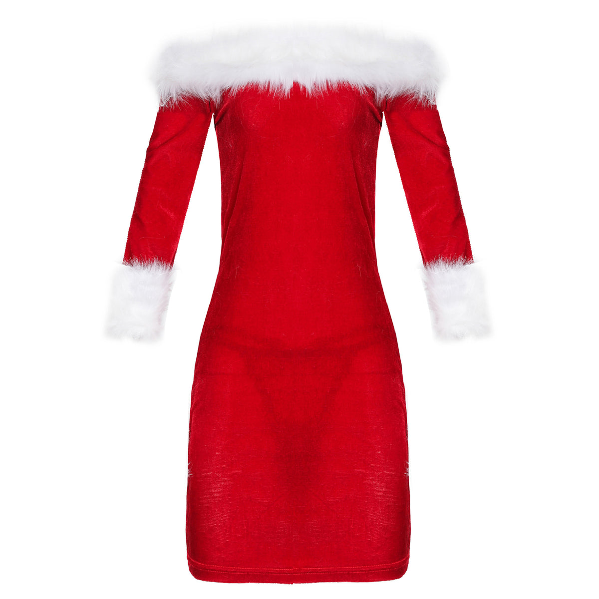 Red off-shoulder Christmas dress with white fur trim, long sleeves, and polyester fabric for stage costumes.