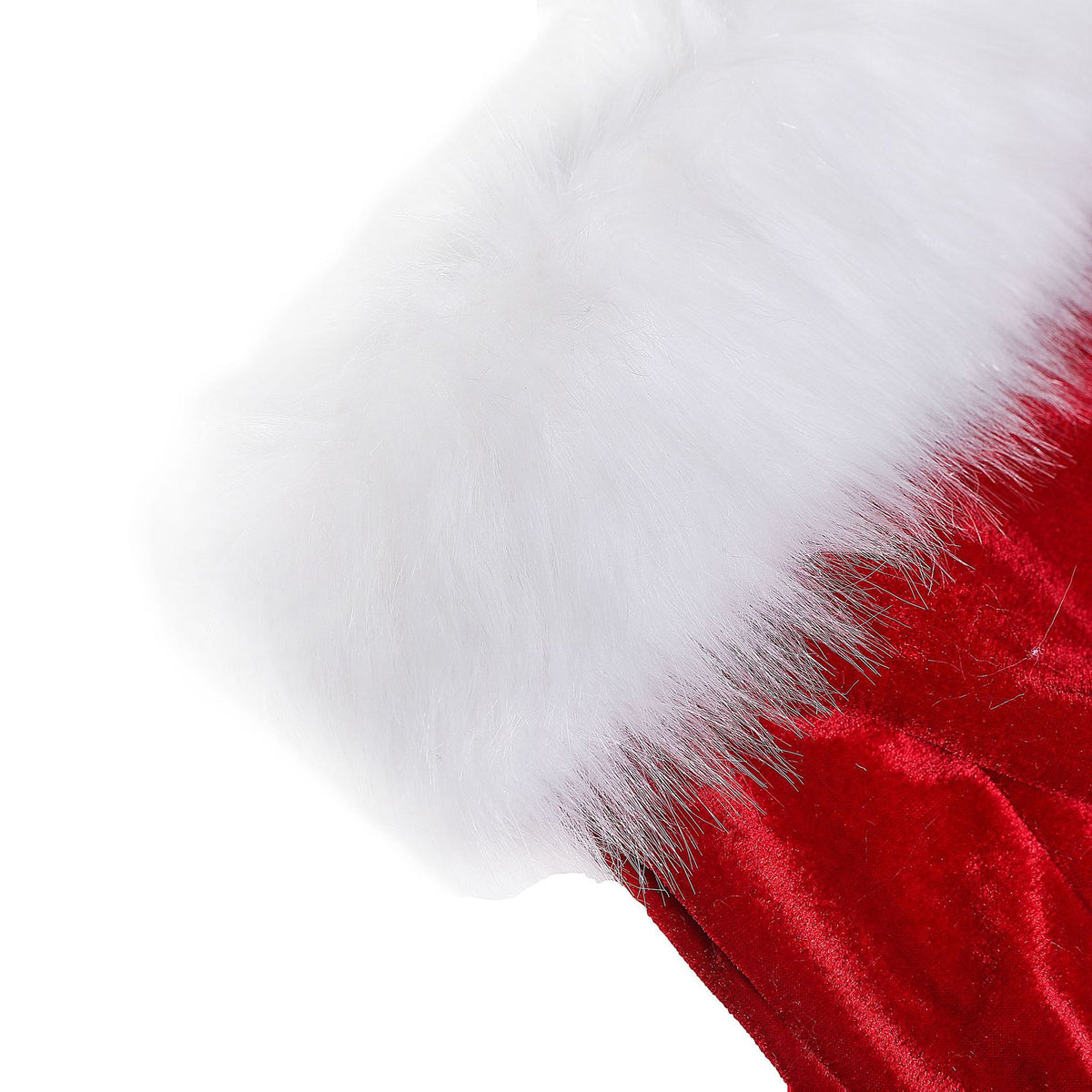 Red Christmas costume fabric detail with plush white fur trim. Long sleeve stage costume made of polyester fiber.