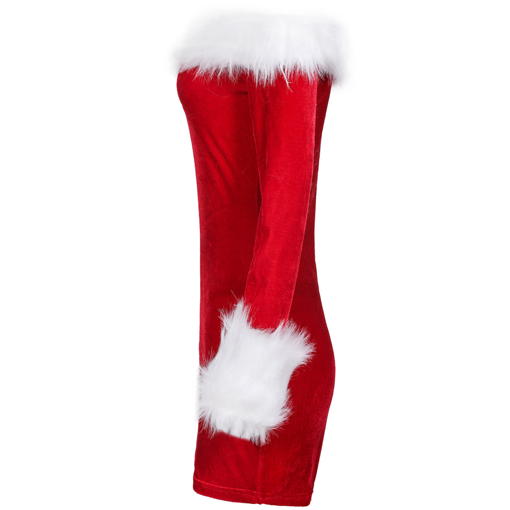 Red Christmas stage costume pants with white faux fur cuff and trim. Polyester fiber fabric for festive long sleeve holiday performances.